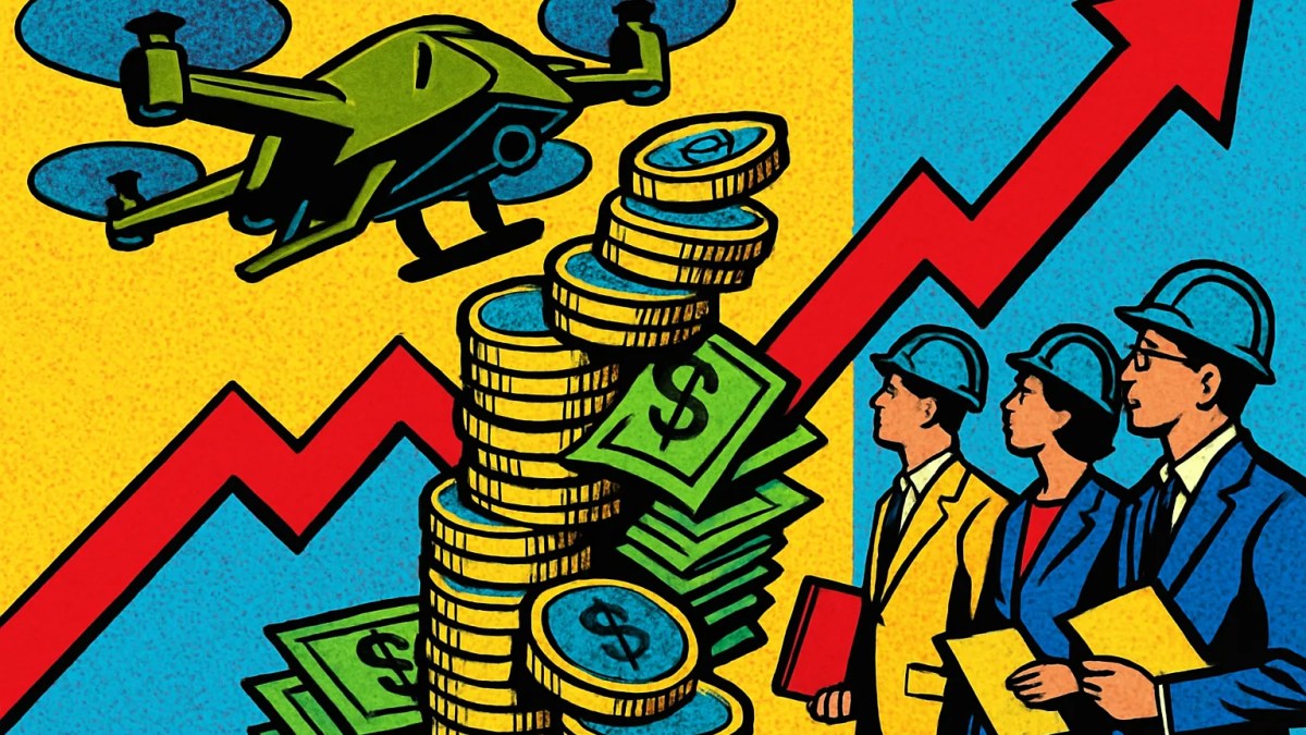 Dron militar sobre una pila de dinero que ilustra la venta de acciones de Anduril a empleados