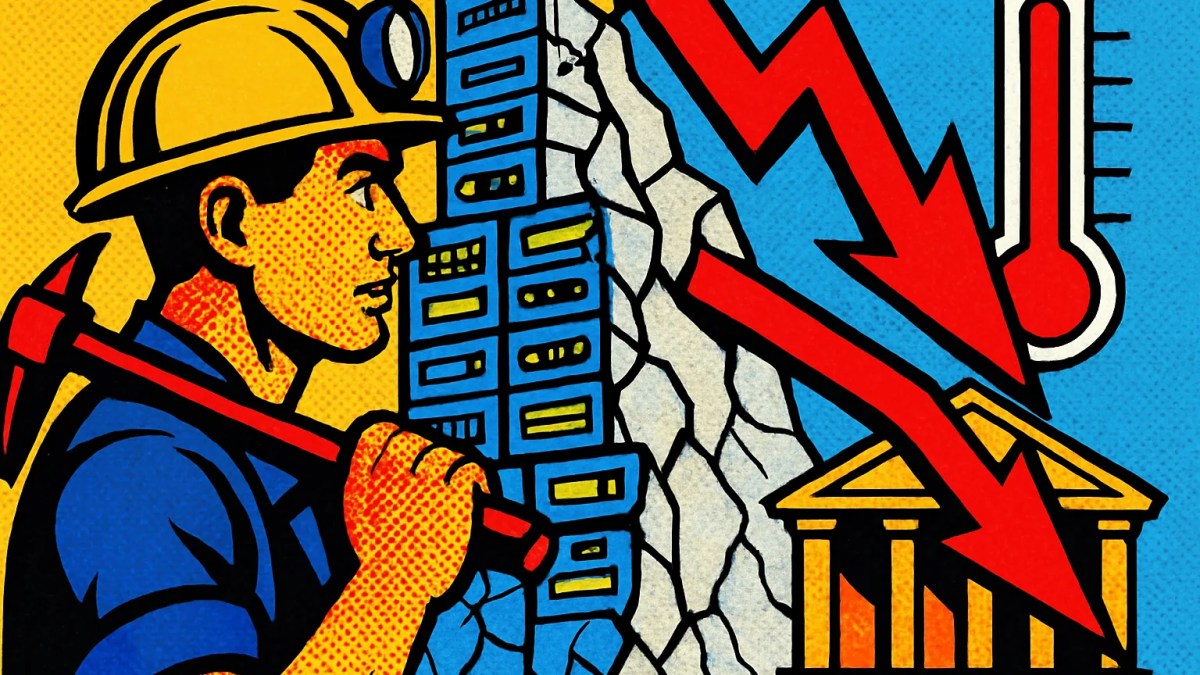 Mineros de bitcoin ante una flecha roja descendente por la caída en Wall Street