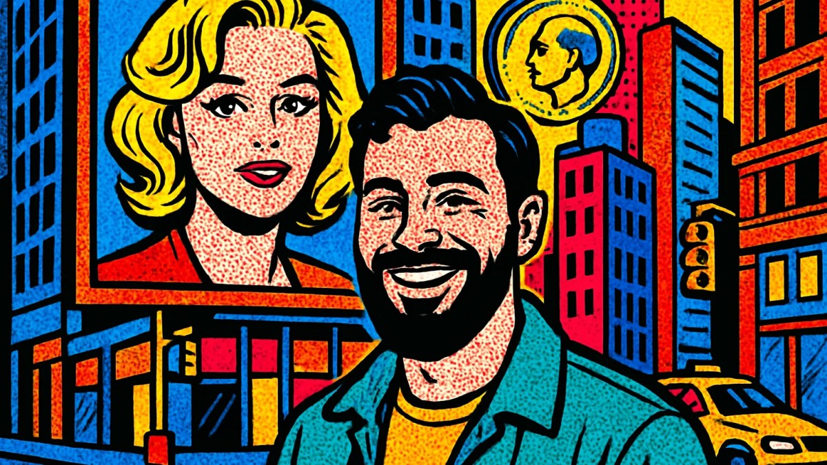 Hoskinson y XRP: ilustración de un ejecutivo posando ante un cartel de una actriz en lugar de un anuncio en Nasdaq