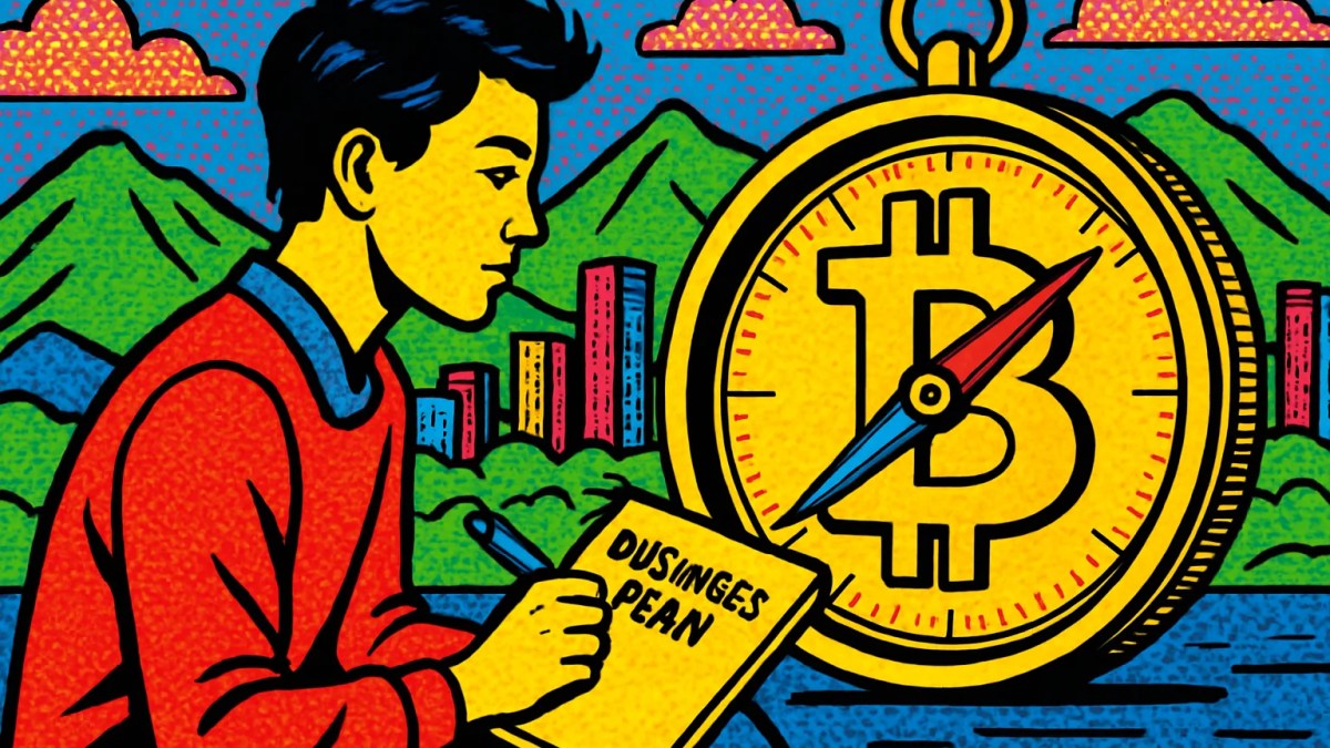 Emprendedor frente a una moneda de bitcoin como brújula, símbolo de la filosofía del bitcoin