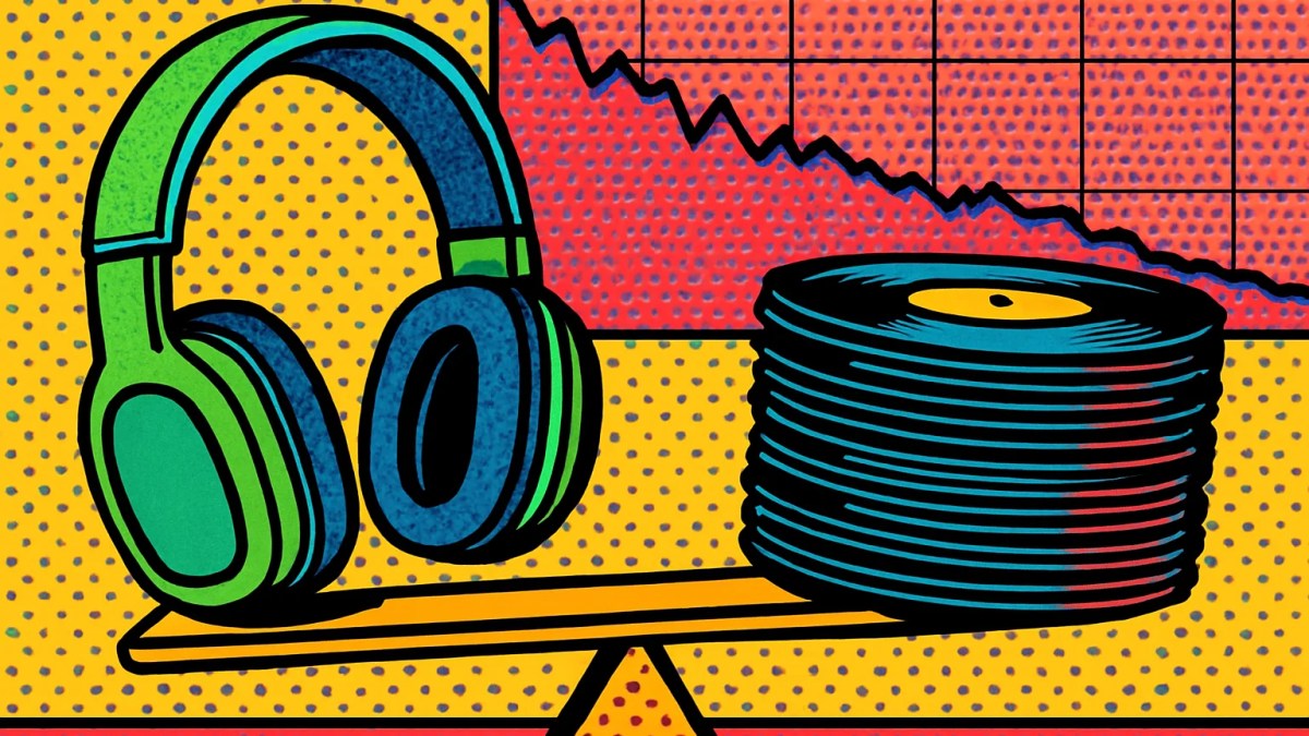 Auriculares y discos de vinilo sobre una balanza que ilustran la presión de costes sobre las acciones de Spotify