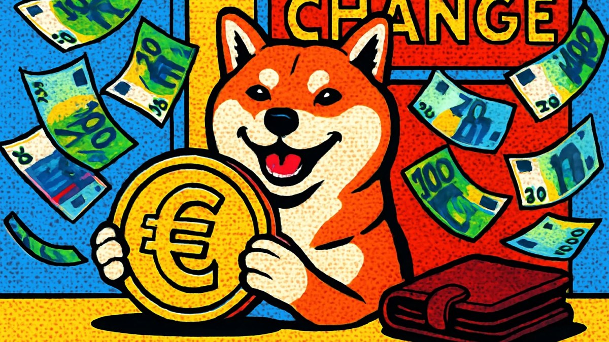 Perro Shiba Inu con una moneda dorada, ilustración para comprar Dogecoin en España con euros