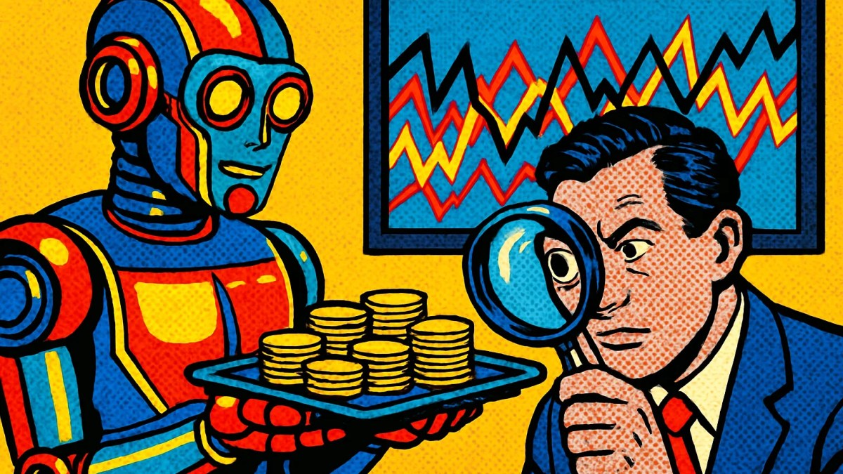 Robot de trading ofreciendo monedas, ilustración sobre Vantera Oxilan y las plataformas cripto con IA
