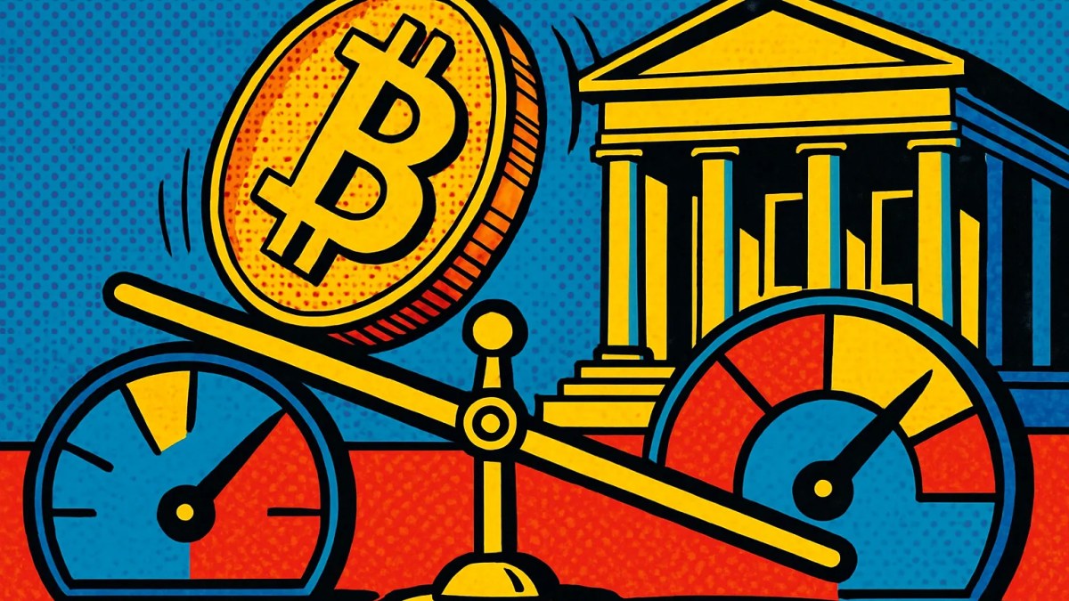 Bitcoin y la Fed: moneda de bitcoin sobre una balanza frente a un banco central