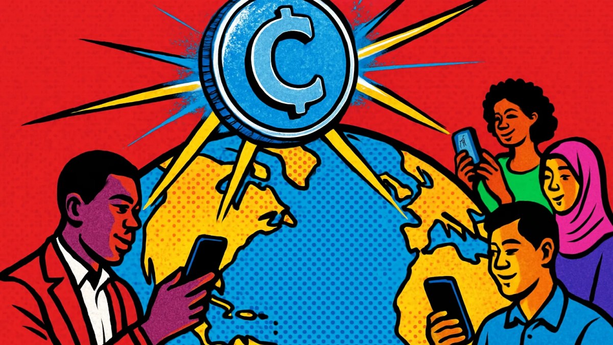 Ilustración de la expansión de Circle con una stablecoin recorriendo mercados emergentes del mundo