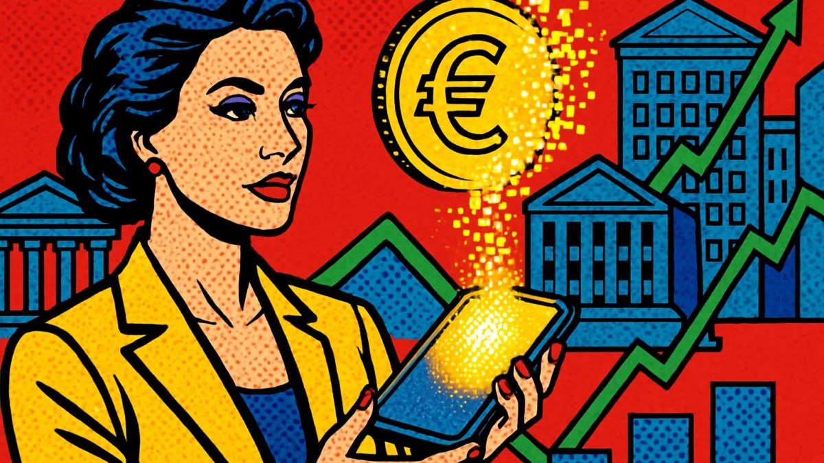 Moneda de euro convirtiéndose en píxeles sobre un móvil, ilustrando el euro digital del BCE