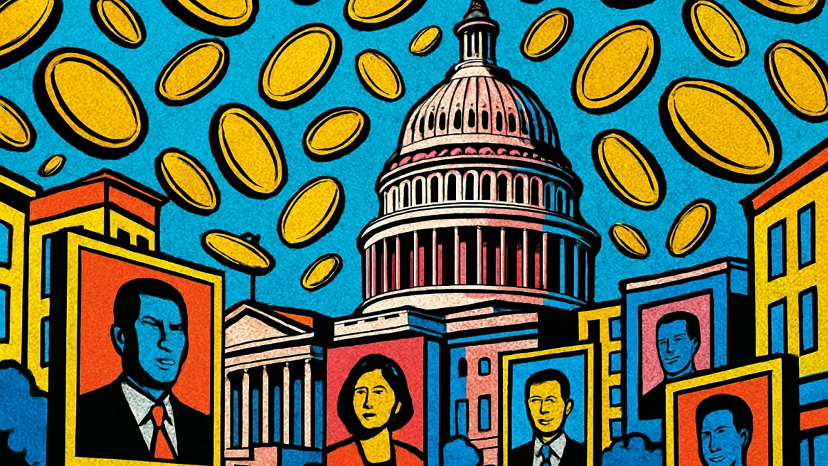 Monedas cayendo sobre el Capitolio, ilustración del gasto del super PAC Fairshake contra Sherrod Brown
