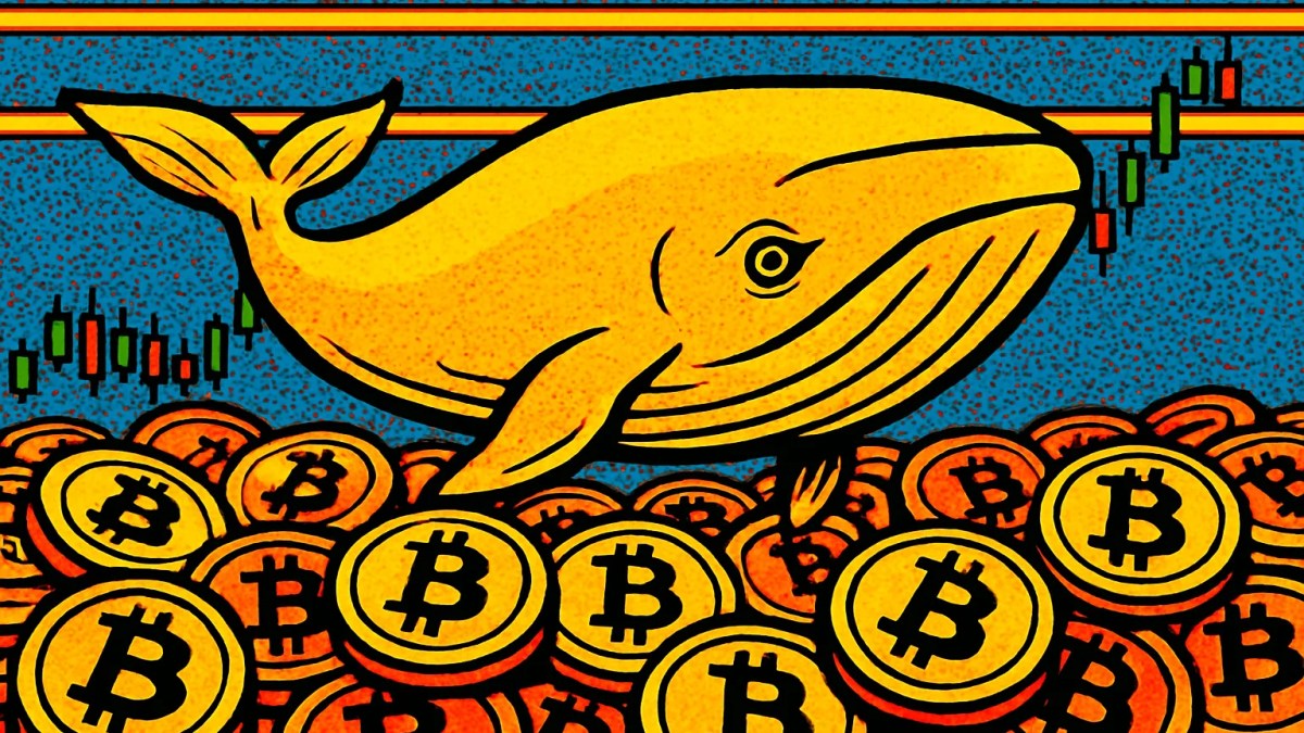 Ballenas de bitcoin representadas como una gran ballena dorada sobre un mar de monedas y niveles de precio