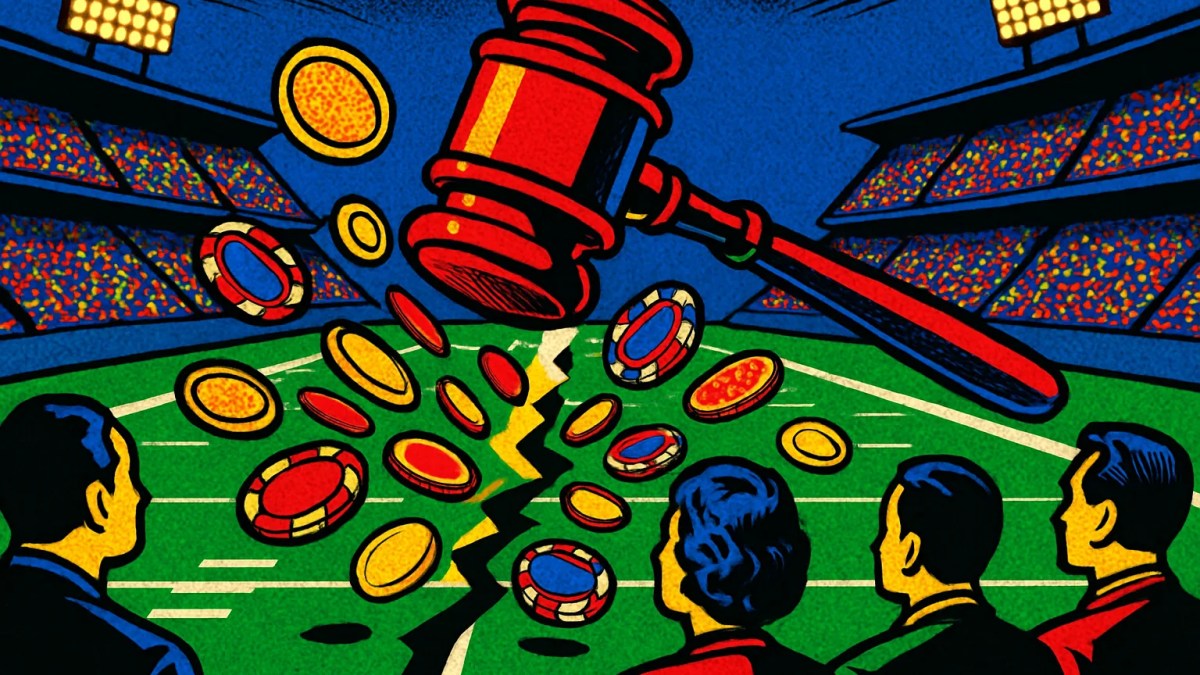 Estadio deportivo y mazo judicial que ilustran la demanda contra Missouri por los mercados de predicción