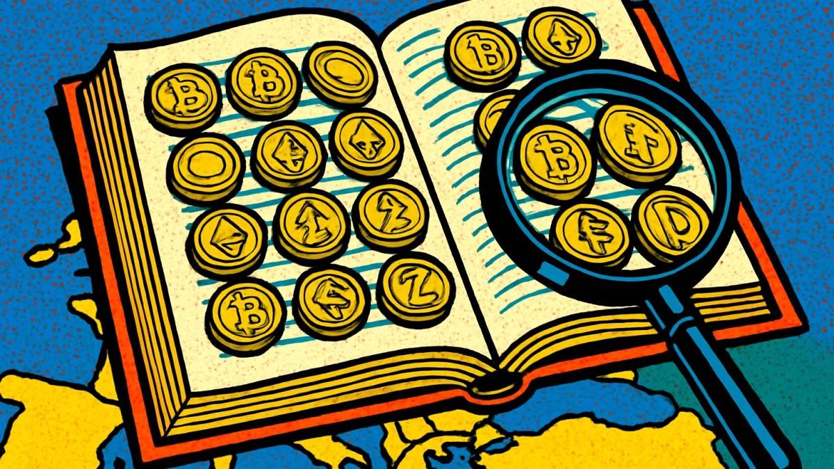 Libro de registro MiCA sobre un mapa de Europa con monedas cripto aprobadas