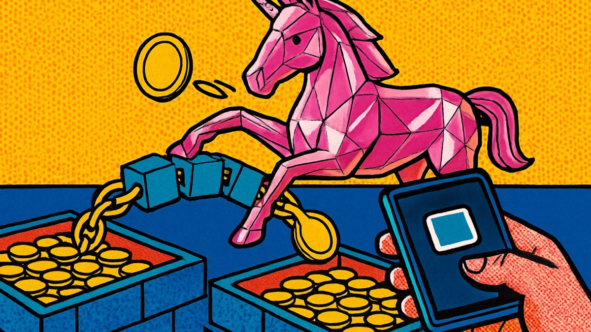Ilustración sobre qué es Uniswap con un unicornio intercambiando monedas entre pools de liquidez