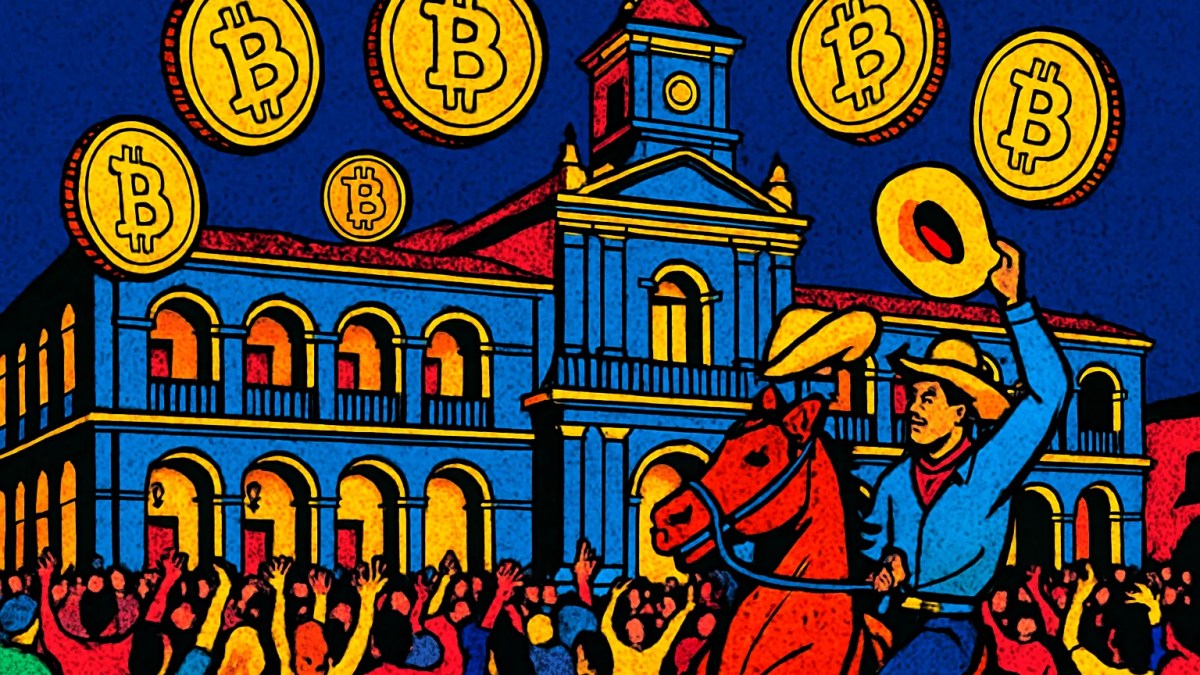 Palacio Nacional de San Salvador con monedas doradas que simbolizan los eventos de bitcoin de noviembre