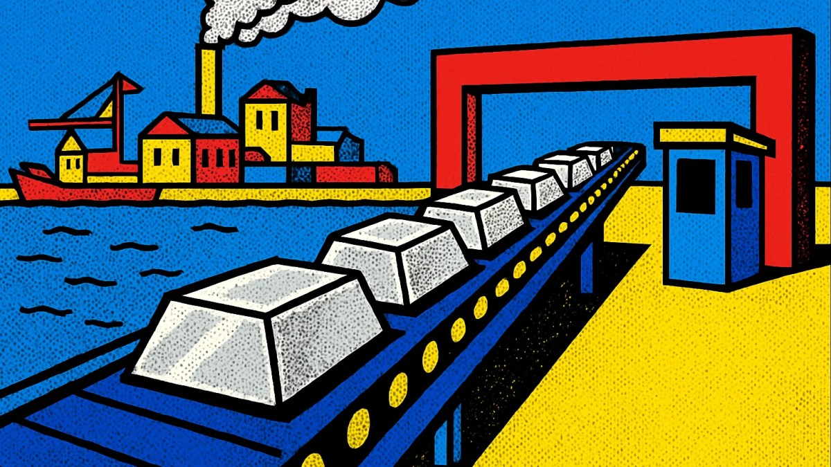 Lingotes de aluminio cruzando una barrera aduanera como símbolo de los aranceles al aluminio entre Europa y EE.UU.