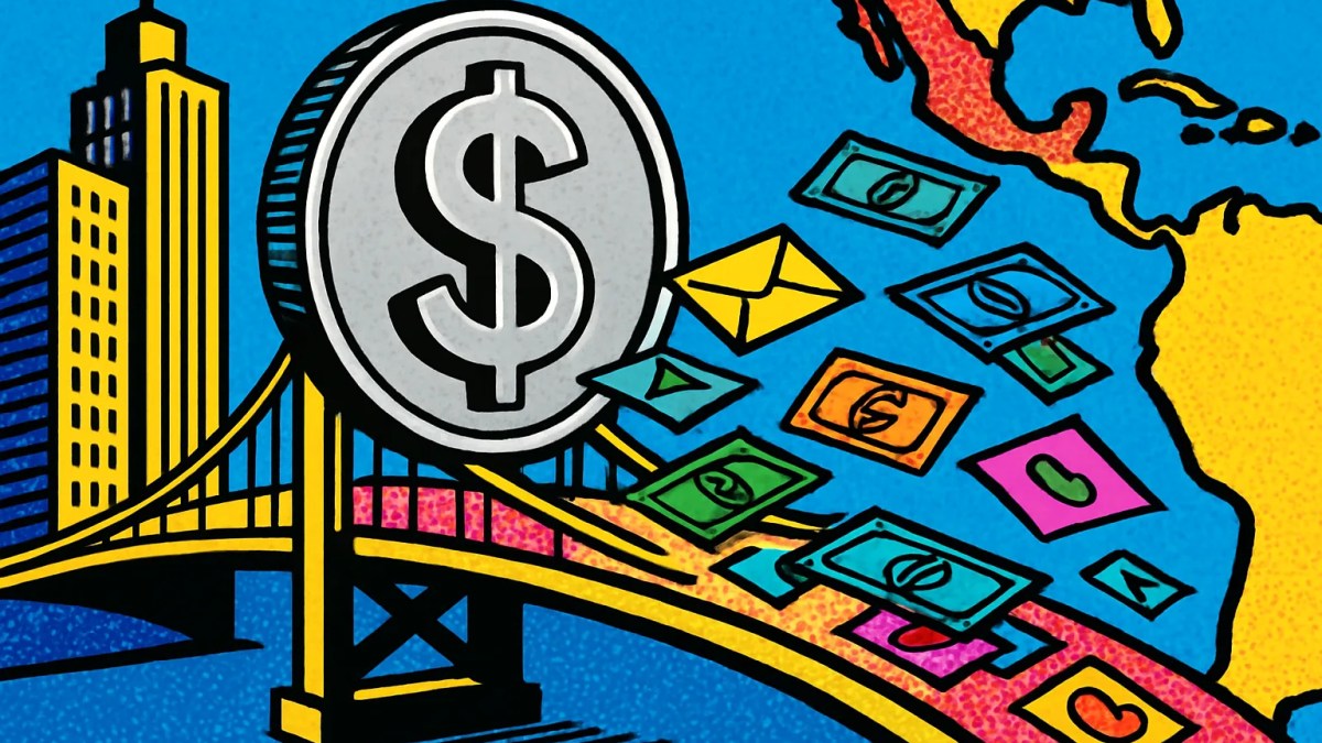 Moneda digital de dólar cruzando un puente hacia un mapa que ilustra las stablecoins en Latinoamérica
