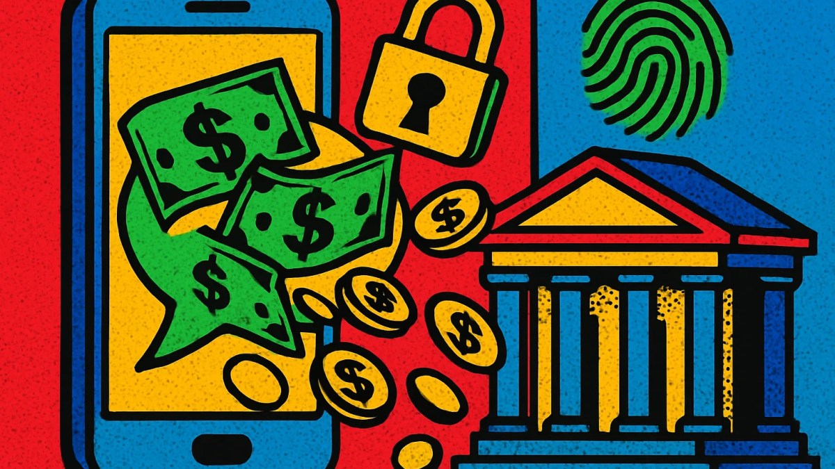 Ilustración de banca conversacional con un asistente de IA en un móvil ejecutando una transferencia