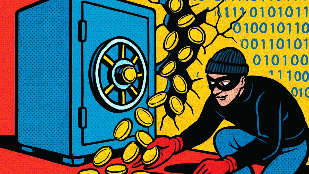Ilustración de hackeos cripto con monedas escapando por grietas en bloques de código