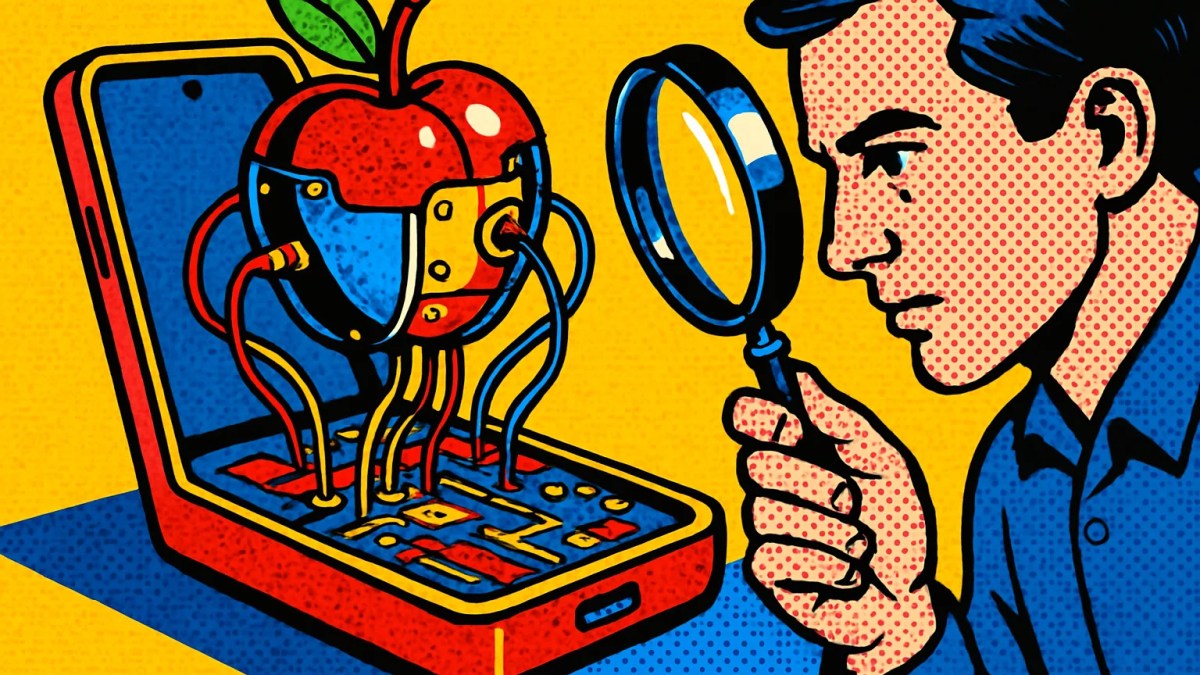 Ilustración de iOS en Android: un teléfono abierto del que sale una manzana mecánica conectada a circuitos