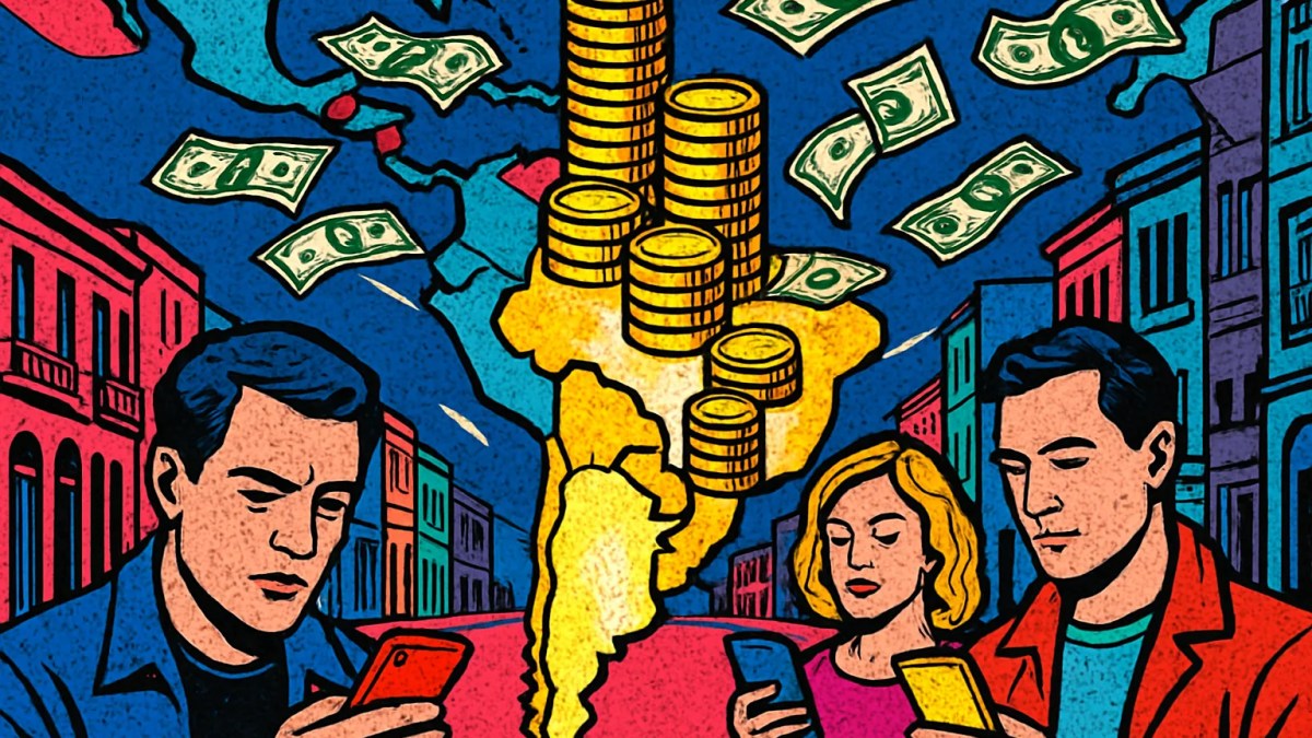 Ilustración sobre el crecimiento de la actividad cripto en Argentina con monedas digitales y dólares sobre el mapa del país
