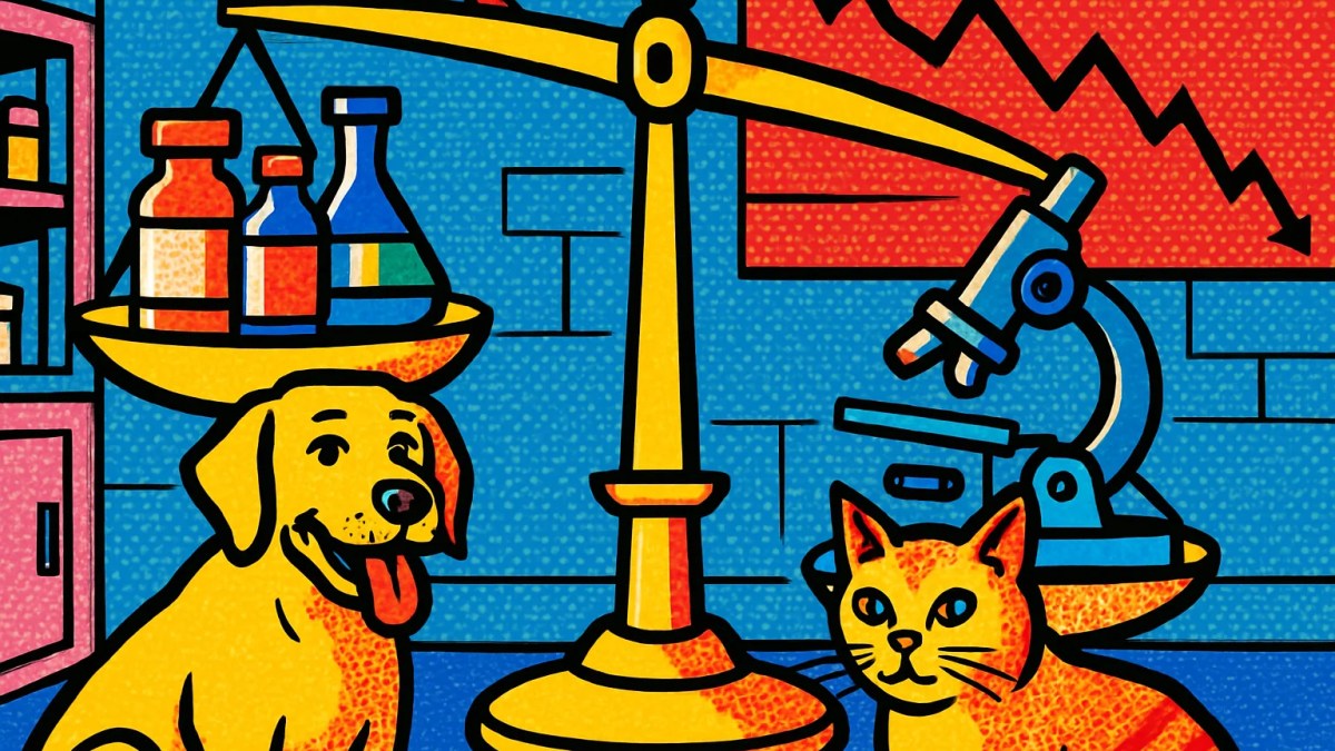 Balanza entre medicamentos veterinarios y equipos de diagnóstico que ilustra la rebaja de las acciones de Zoetis