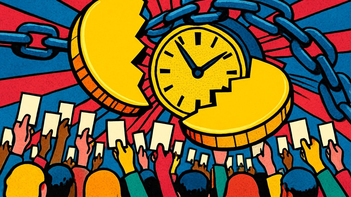 Moneda partida y votantes que simbolizan el halving de Zcash y la votación de sus poseedores