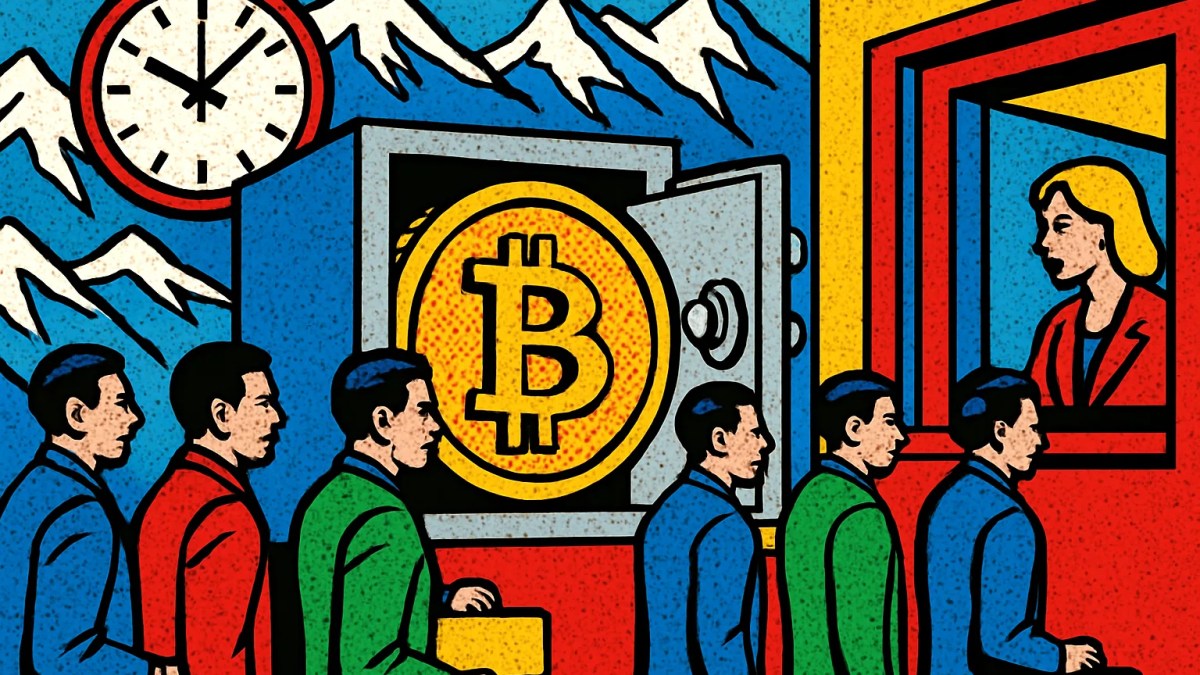 Moneda de bitcoin en una caja fuerte alpina que ilustra la aprobación del etf de bitcoin en Suiza