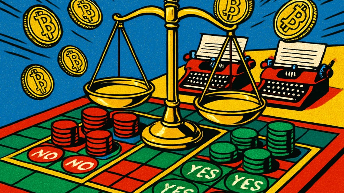 Ilustración de Polymarket US con una balanza de apuestas y monedas digitales volando hacia una redacción