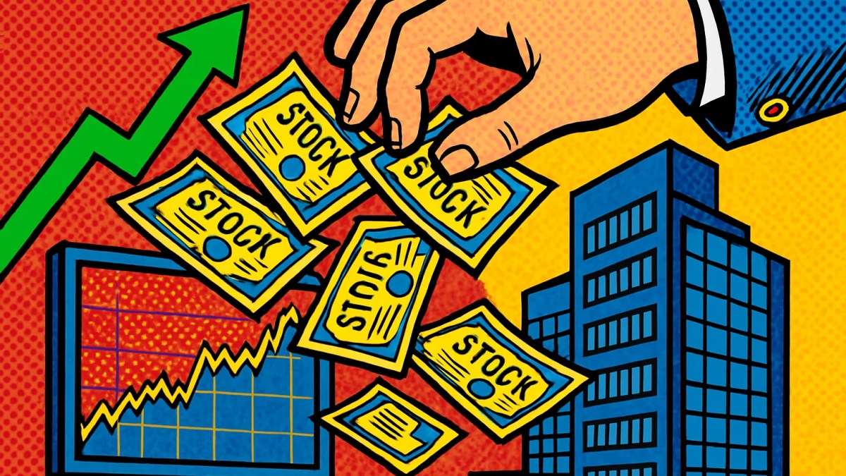 Ilustración de una recompra de acciones con títulos de papel y una flecha bursátil ascendente