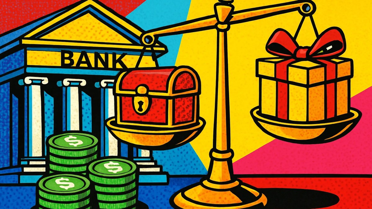 Ilustración sobre la ley GENIUS con monedas estables frente a un banco y una balanza de reservas