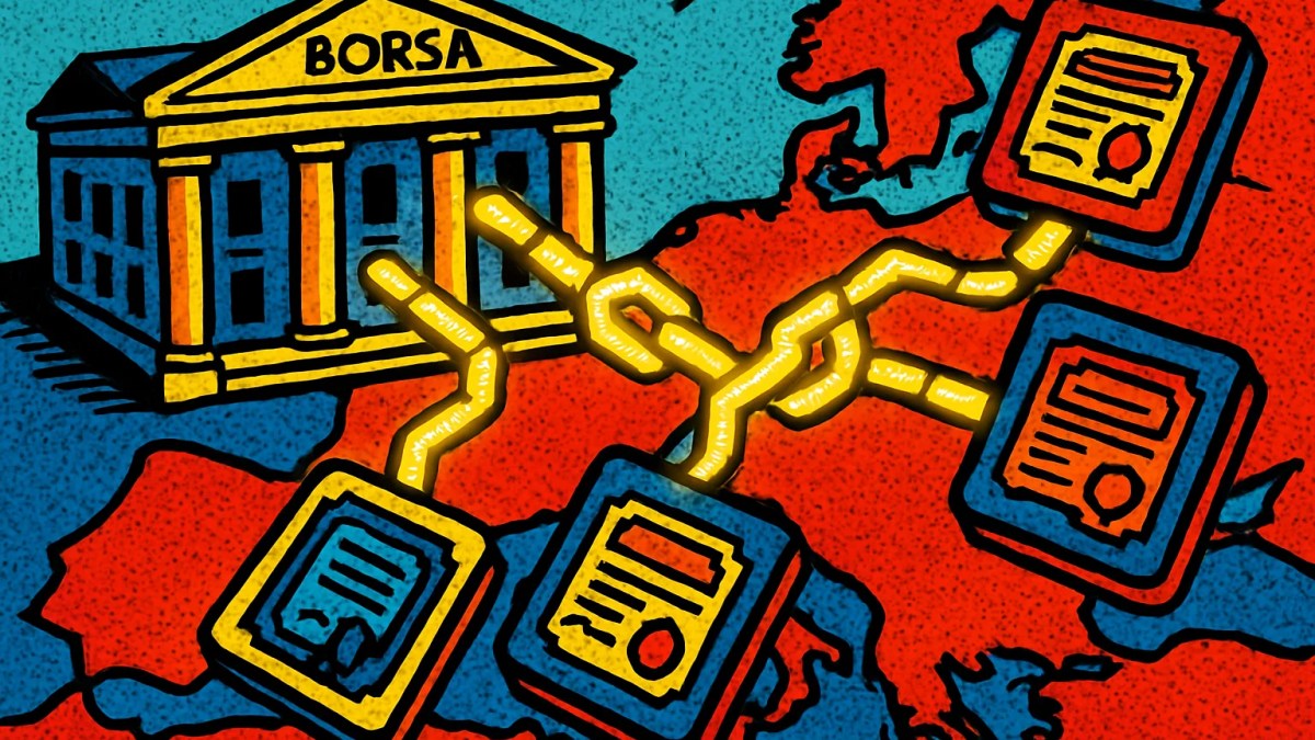 Bolsa de Stuttgart conectando valores tokenizados mediante blockchain sobre un mapa de Europa
