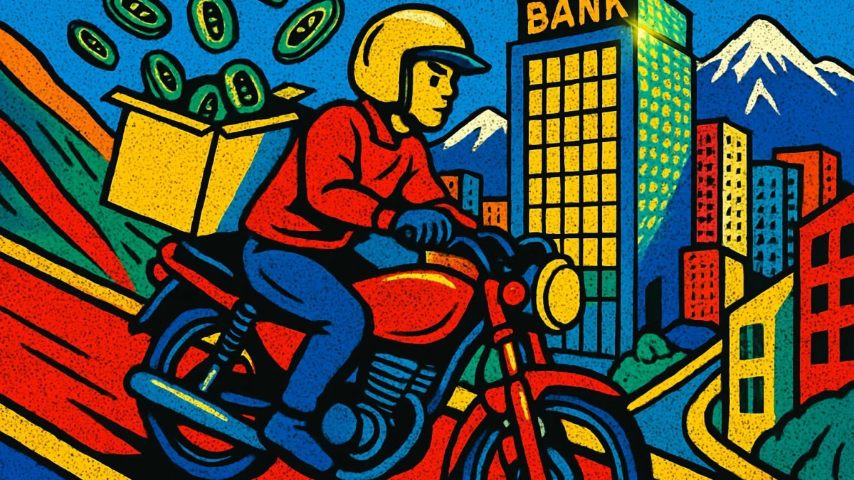Repartidor en La Paz con monedas digitales que ilustra el uso de USDT en Bolivia