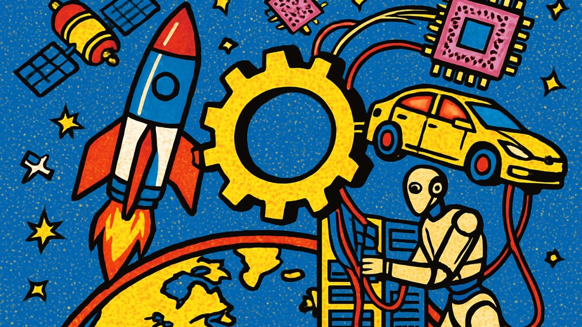 Ilustración de la fusión SpaceX Tesla con cohete, coche eléctrico, satélites y robot humanoide en órbita