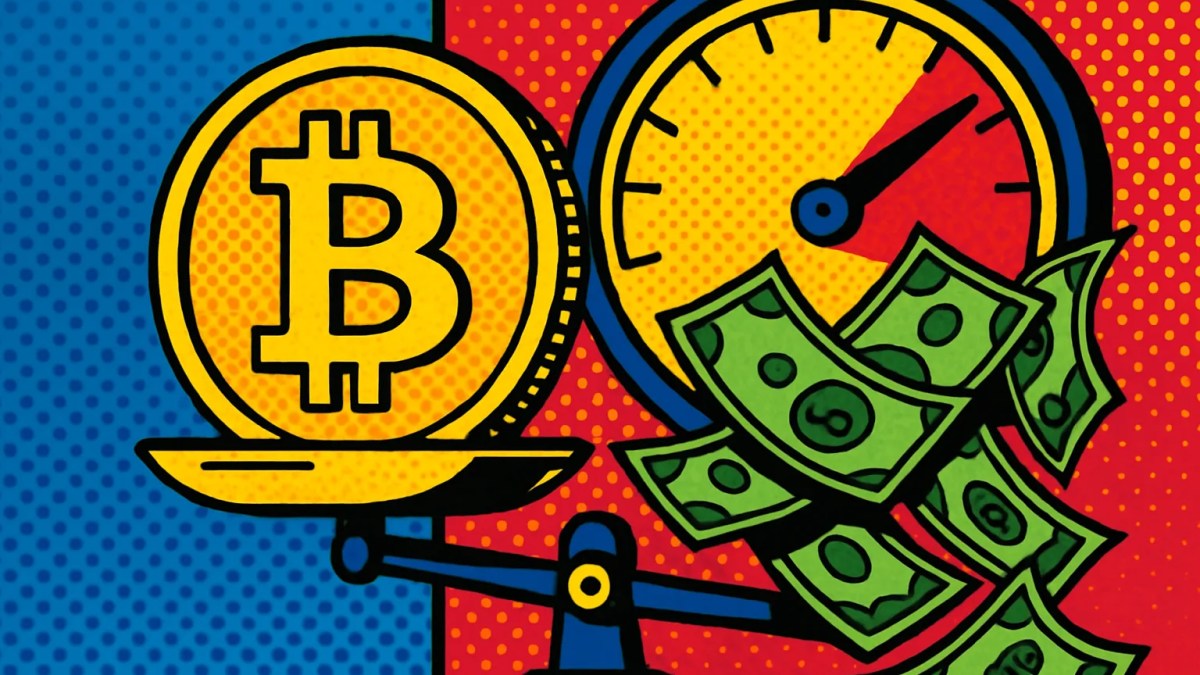 Moneda de bitcoin en una balanza frente a billetes, ilustrando los préstamos con bitcoin