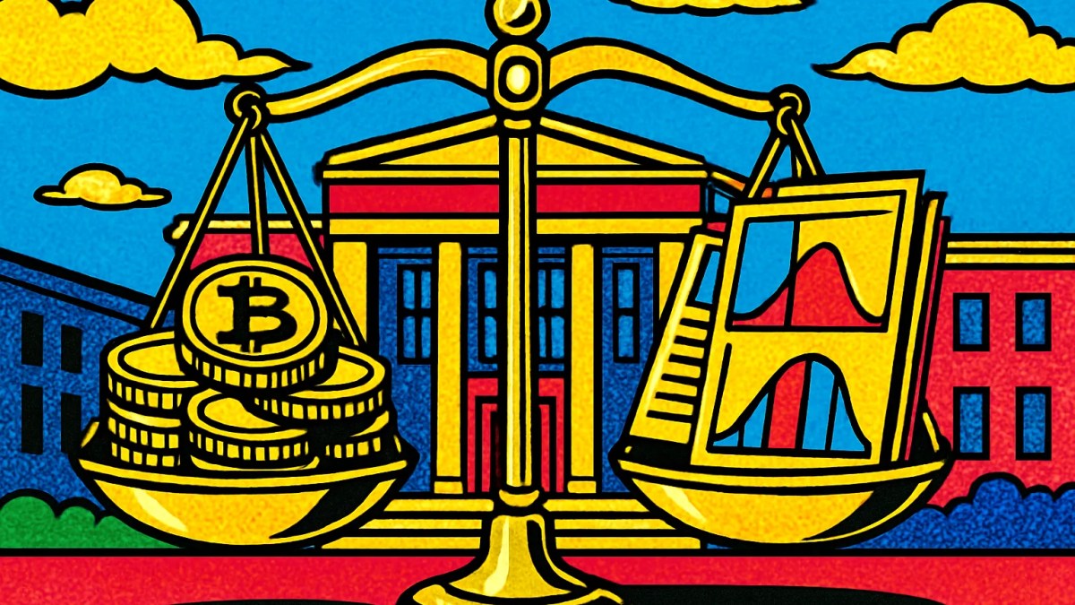 Balanza con monedas digitales y boletos que representa los mercados de predicción regulados por la CFTC