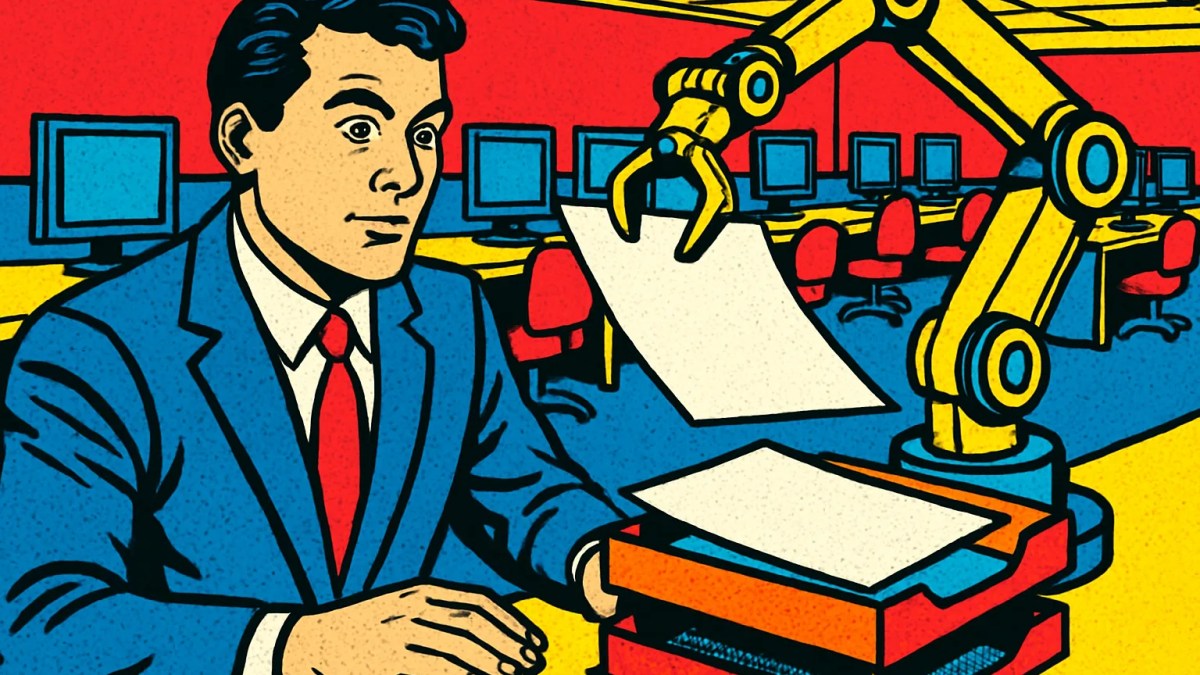 Robot reemplazando tareas de oficina, ilustración sobre IA y empleo según Goldman Sachs