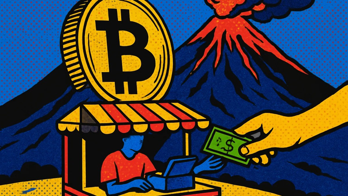 Moneda de bitcoin junto a un volcán, símbolo del experimento de bitcoin en El Salvador