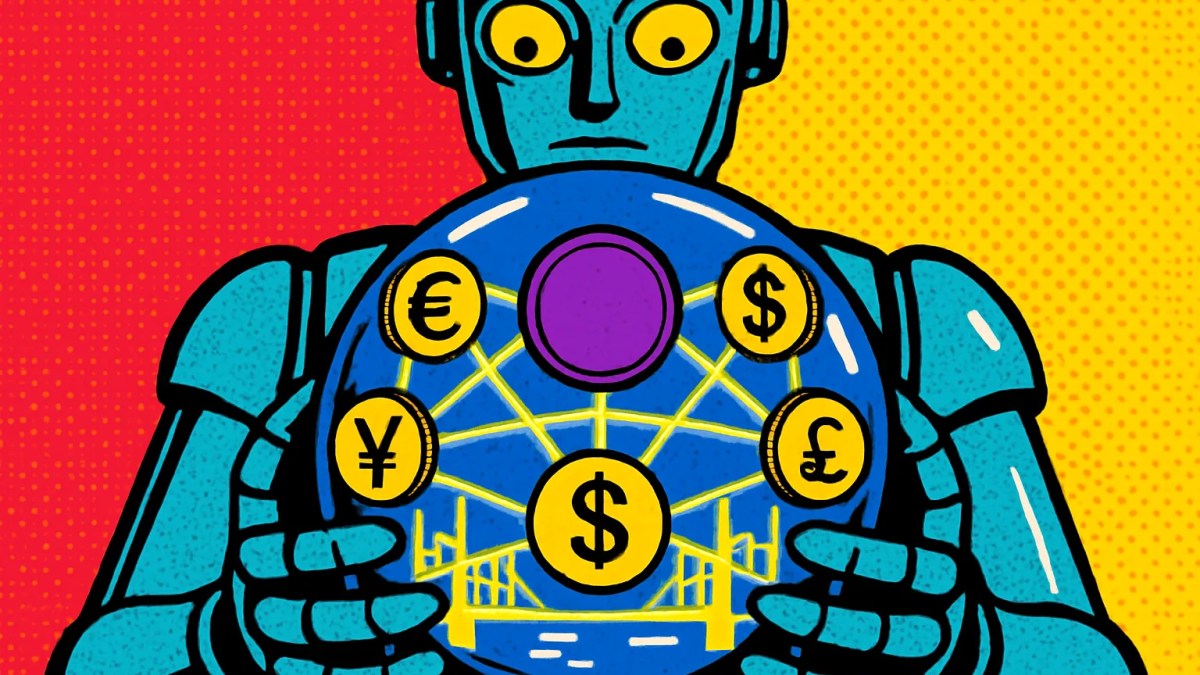 Predicción de Quant: robot de IA con bola de cristal que muestra puentes entre monedas digitales de bancos centrales