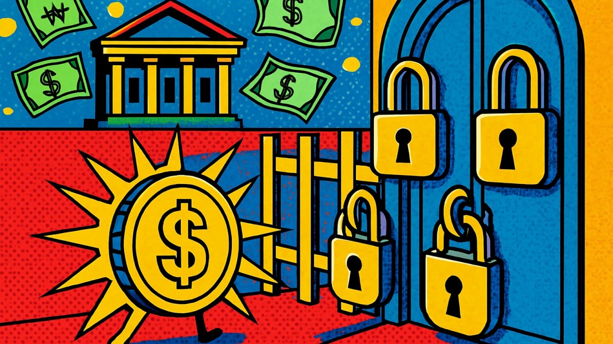 Stablecoins en Corea frente a una frontera bancaria que simboliza el control de divisas