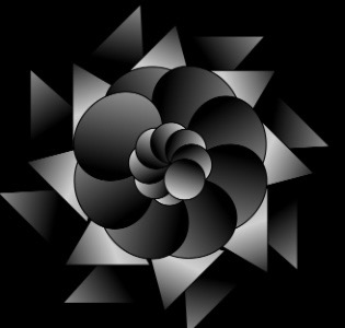 Site logo is a black and chrome colored mandala composed of circles and triangles with a black background