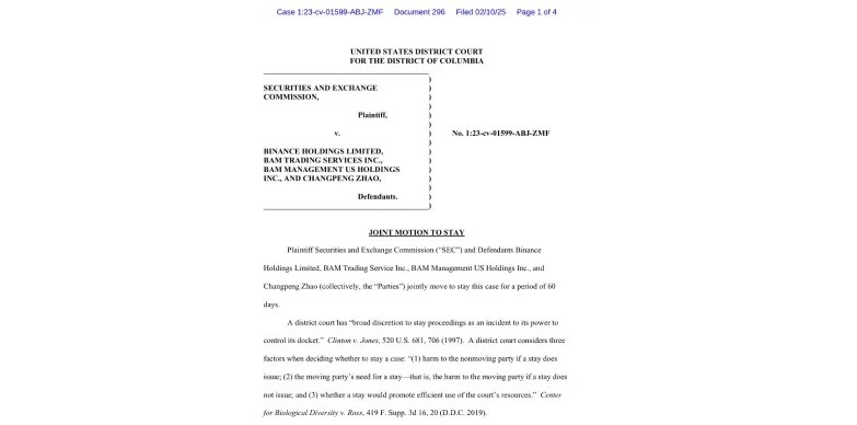 SEC, Binance File Joint Motion to Stay Legal Actions