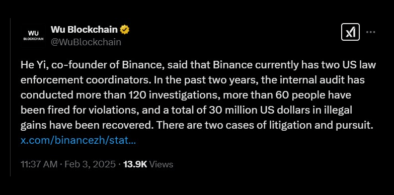 Wu Blockchain reports Binance conducting internal audits