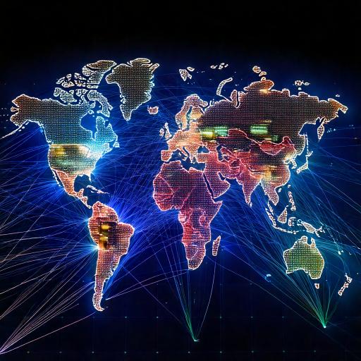 Firefly PROMPT AI IMAGE- A sophisticated data visualization showing a world map with illuminated sup