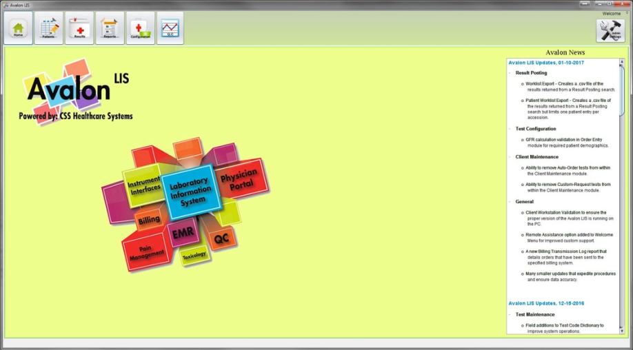 Avalon LIS software screenshot showing laboratory workflow screen