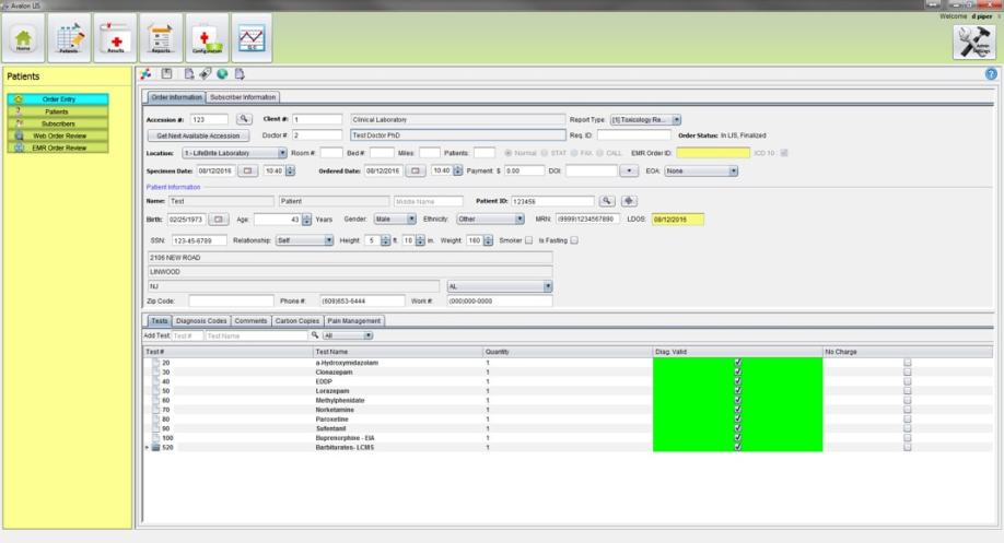 Avalon LIS software screenshot showing patient and order workflow
