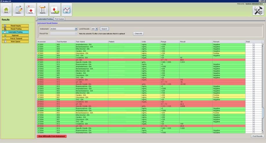 Avalon LIS software screenshot showing laboratory result grid