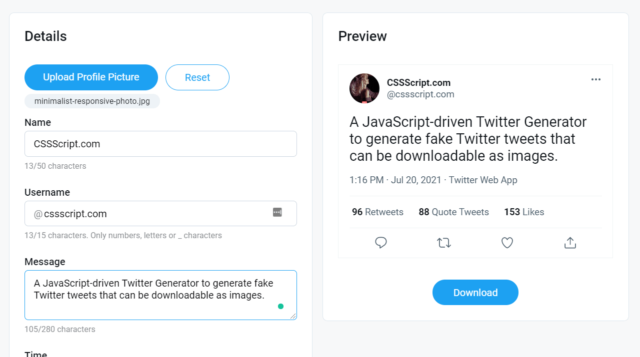 Fake Twitter Tweet Generator In JavaScript