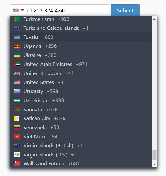 International Telephone Input With Flags and Dial Codes
