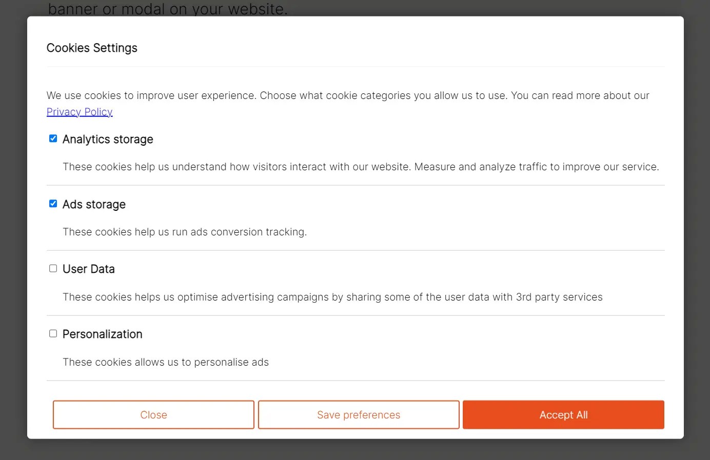 GDPR-Compliant Cookie Consent Banner/Modal in JavaScript
