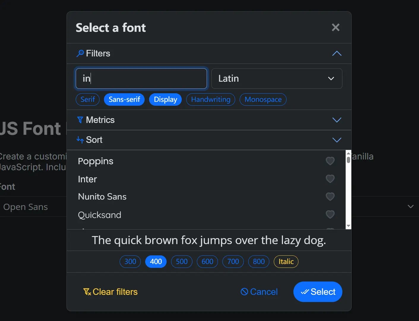 Vanilla JS Font Picker for Google and System Fonts – jsfontpicker