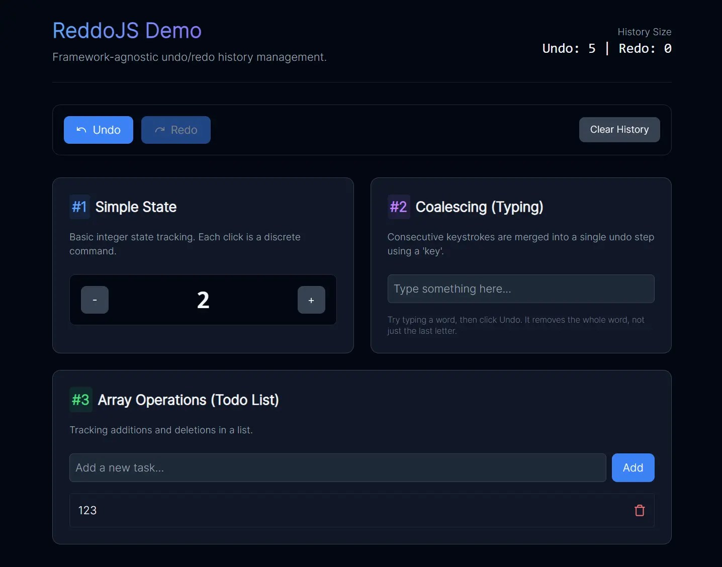 Framework-Agnostic Undo/Redo History Management Library