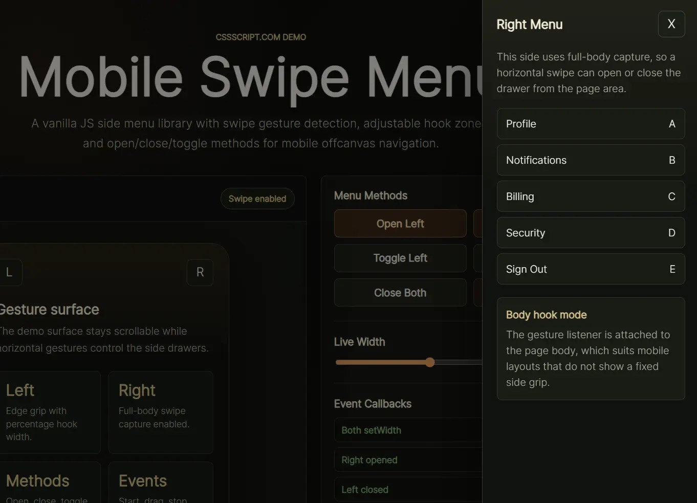 Vanilla JS Offcanvas Side Menu – Mobile Swipe Menu